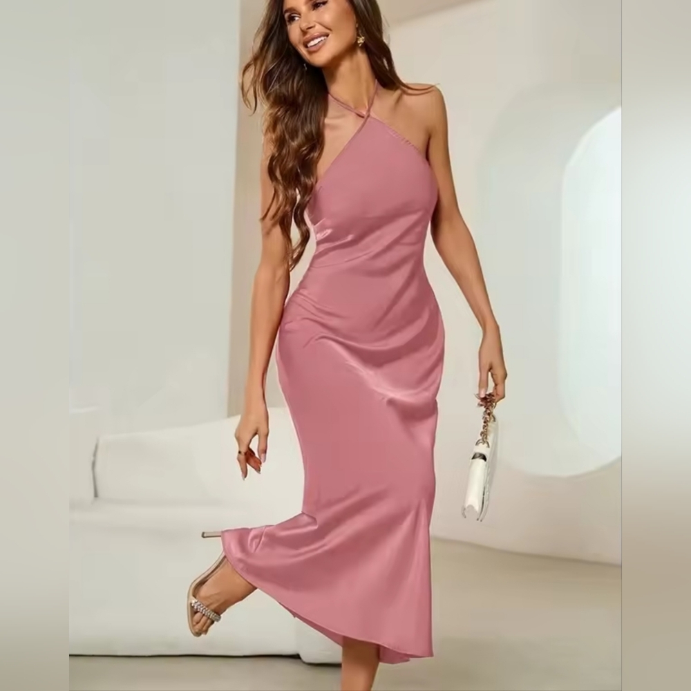 Pink Satin Halter Dress